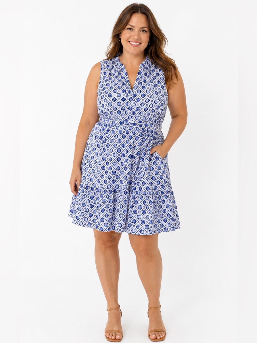 Draper James Blue and White Sleeveless V-Neck Printed Sundress